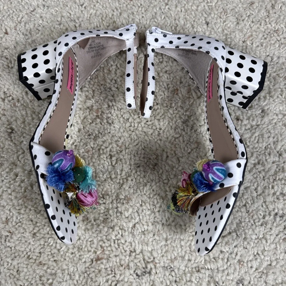 Betsey Johnson Multicolor Polka Dot Pom Pom Platform Espadrille Sandals Sz 7.5 M